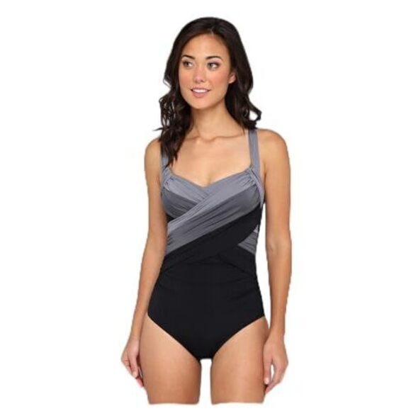 Badgley Mischka Bridgette Adjustable Draped Front Maillot Black 14 - Picture 1 of 1